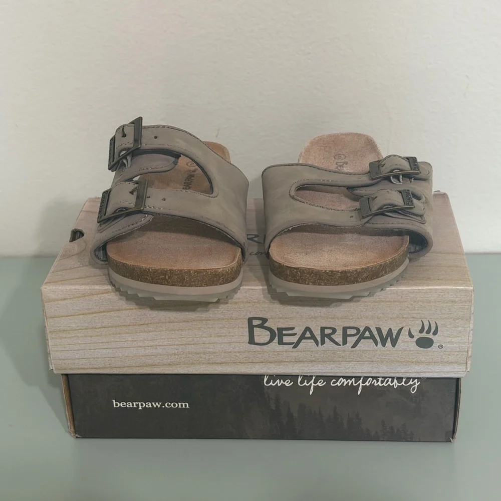 BearPaw Kids Taupe Double-Buckle Slide Sandals